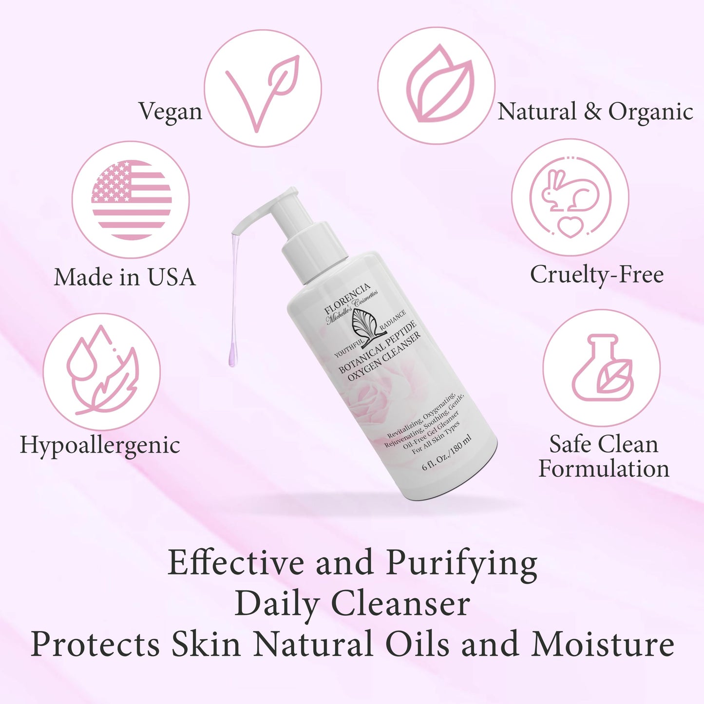 Florencia Botanical Peptide Oxygen Cleanser – Oil-Free Foaming Gel Face Wash with Glycoproteins, Algae & Botanical Extracts, Gentle Revitalizing Daily Facial Cleanser for All Skin Types, 6 Oz