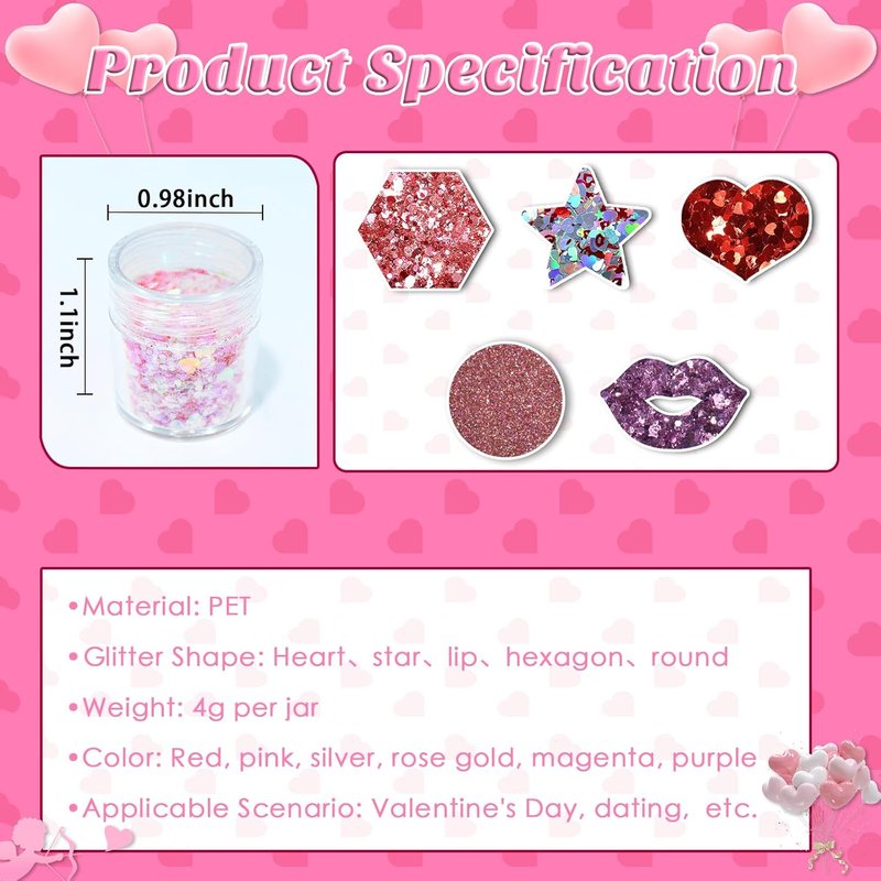 Laza Nail Art Glitter - 12 Colors Chunky Red & Pink Glitter Powder | Perfect for Valentine's Day Nail Designs