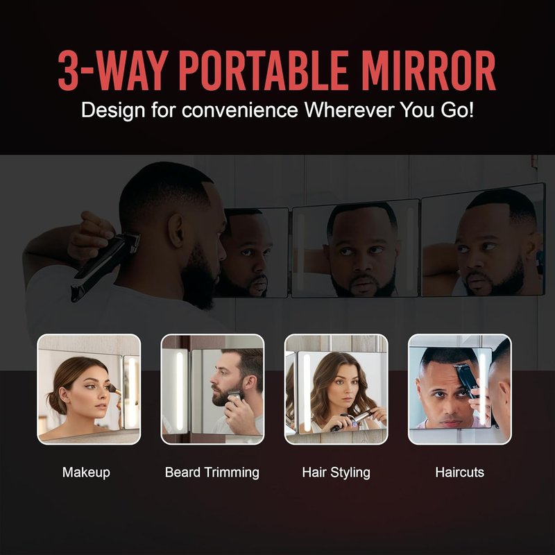 Self-Cut System 3-Way Mirror with LED Lights - 360° Trifold Design for Men & Women | Impact-Resistant, Fits Standard Door, 14” L x 1” W - Black