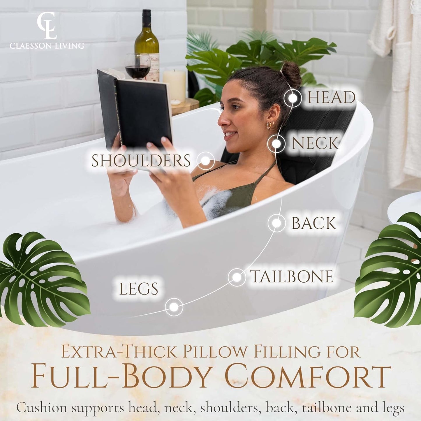Full Body Bath Pillow - 17'' x 49'' Bathtub Cushion with Headrest for Neck, Back & Legs | Includes Hanging Hooks & Travel Bag - Black
