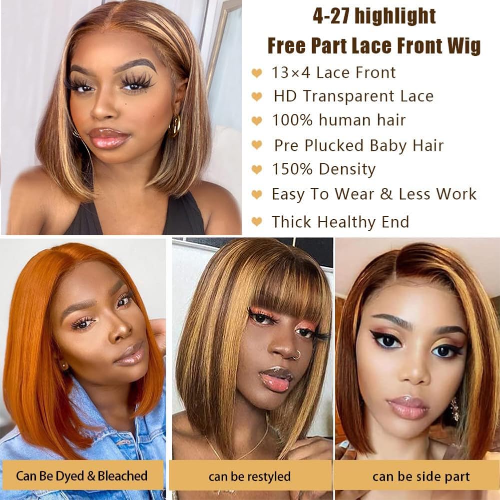 Highlight Bob Wigs - Human Hair Straight 13x4 HD Lace Front Wig | 4/27 Honey Blonde, 8 Inch, 180% Density, Pre-Plucked with Baby Hair