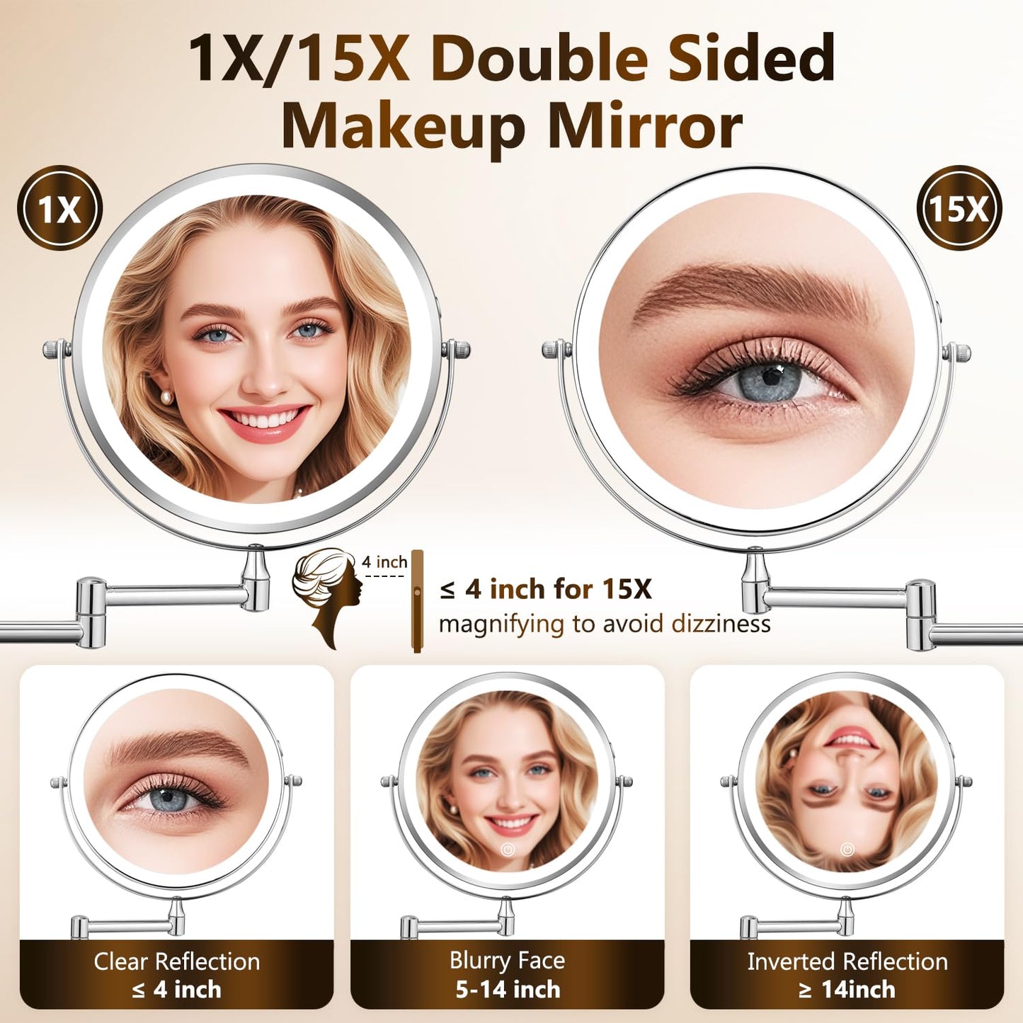 DECLUTTR Wall Mounted Lighted Makeup Mirror, Rechargeable 1X/15X Magnifying Mirror 8 Inch Double Sided, 3 Colors Vanity Mirror with Lights, Touch Dimmable 360° Rotation Foldable