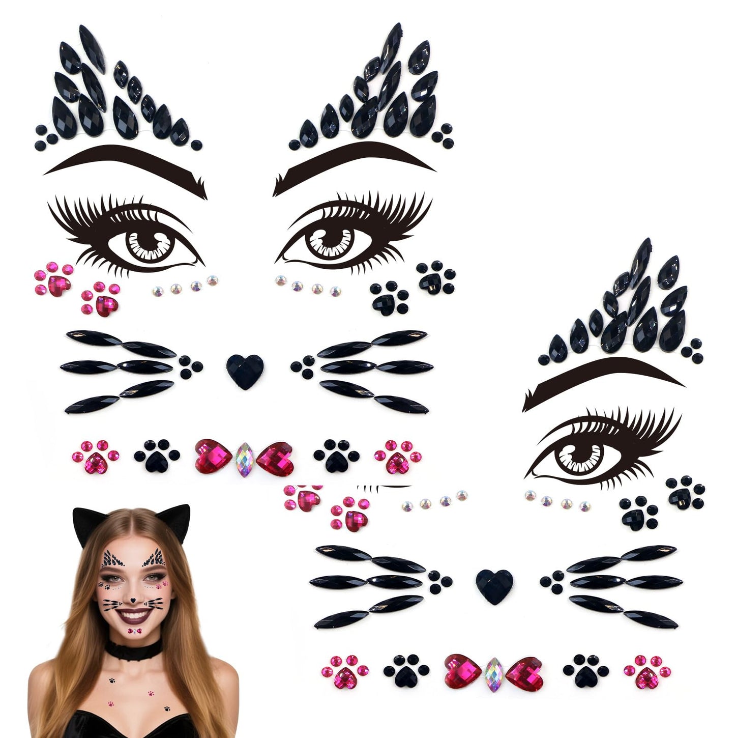 Voiiake Crystal Cat Face Gems Stickers, 2-Sheet Cat Print Gem Jewels, Black Cat Costume Women Accessories for Halloween Makeup