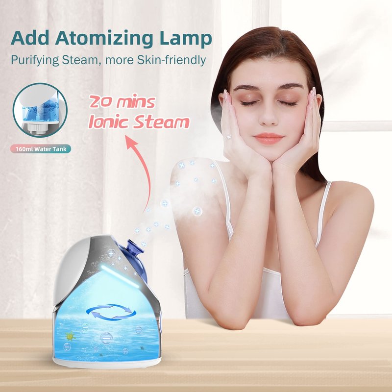 Newbealer Facial Steamer, Mini Aroma Face Steamer, Nano Ionic Hot Mist Face Humidifier for Facial Deep Cleaning, Home Sauna Spa Sprayer with 9 Pieces Acne Remover Kit (Blue, 160ml)