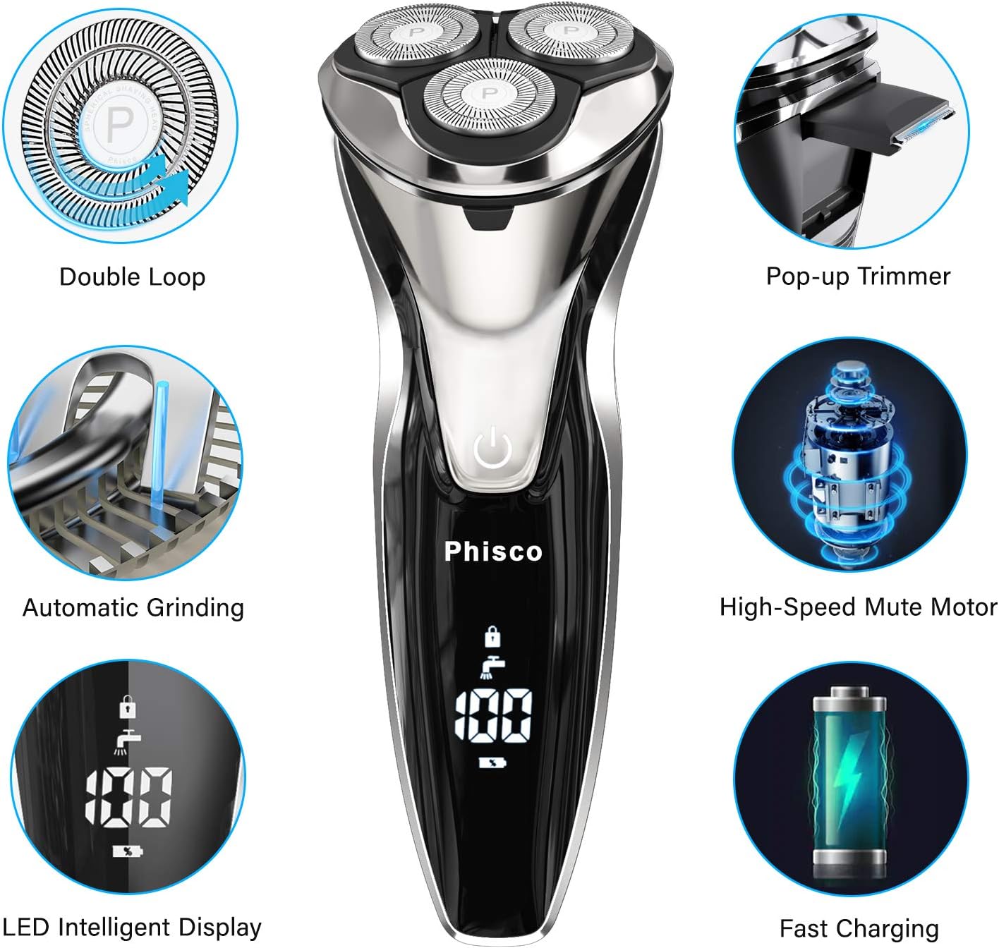 Electric Shaver for Men - Rechargeable Rotary Razor with Pop-Up Trimmer | Waterproof LED Display