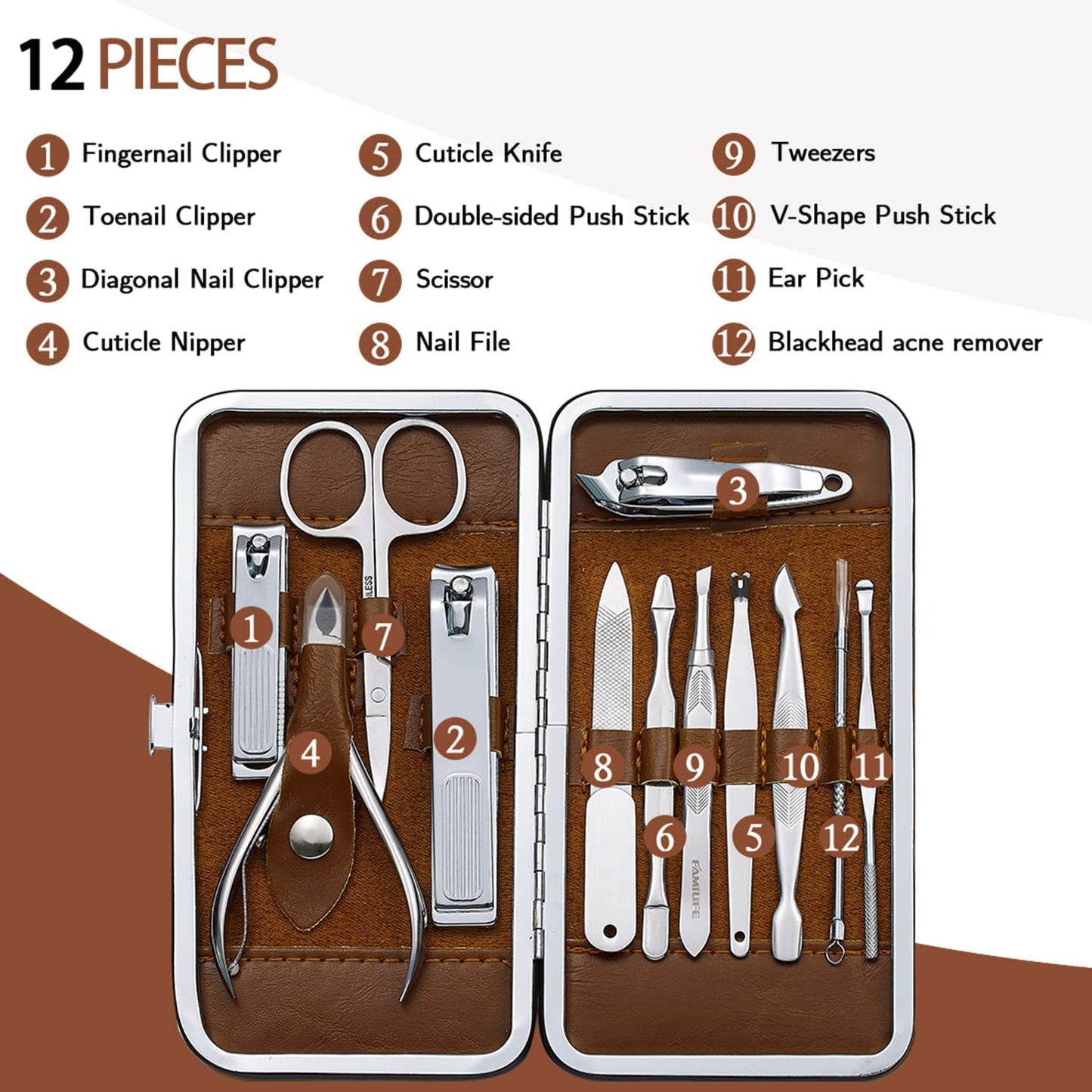 FAMILIFE Manicure Pedicure Kit Professional Nail Clippers Set Men and Women 12 Pcs and 16pcs Grooming Kit Gifts for Men