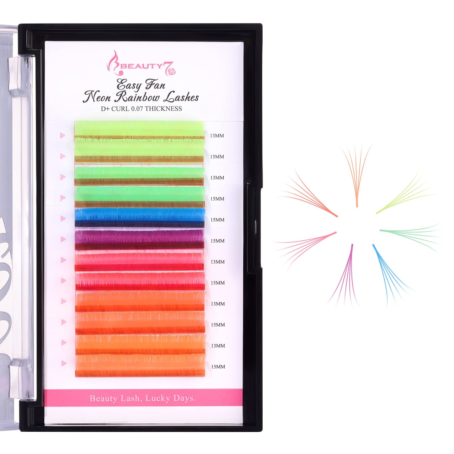 Beauty7 Colored Lash Extension Easy Fan Neon Rainbow Lashes 7 Colors Volumn Lashes Ombre Lash Extensions Self Fanning D+ Curl 0.07mm 13mm 15mm Dramatic Eyelashes