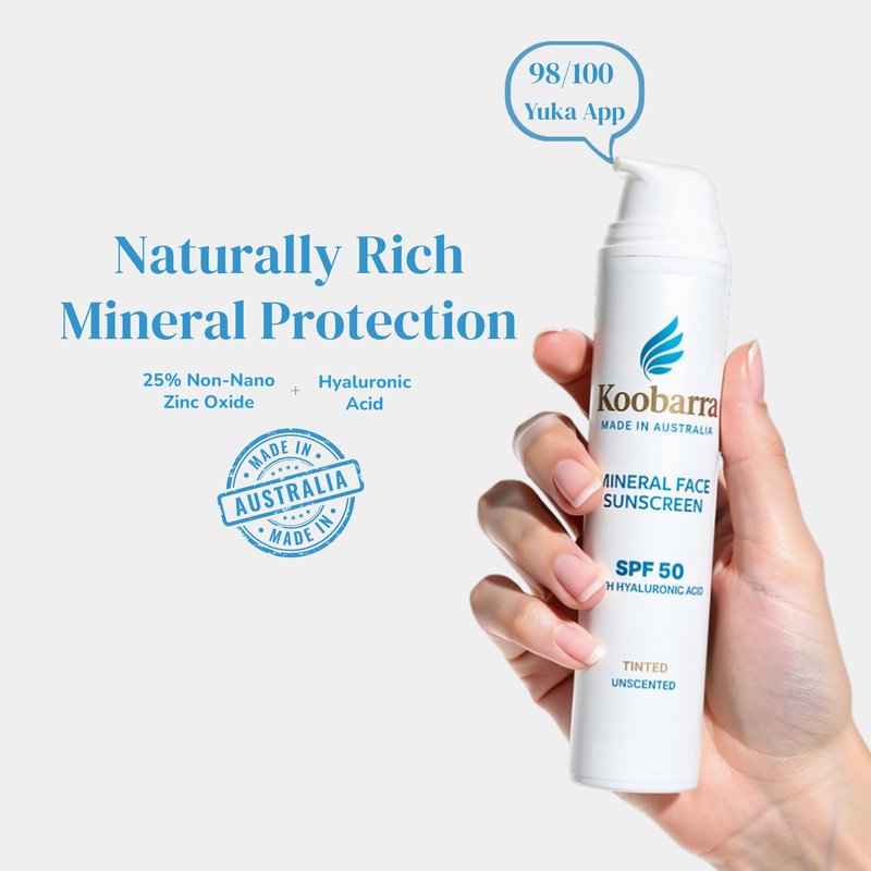 Koobarra Mineral Face Sunscreen SPF 50, Tinted Aussie Zinc Oxide Sunblock, Hydrating Hyaluronic Acid, Reef Safe, Natural, Organic, Vegan, Australian Made, Nourishing, Unscented, 100g 3.4oz