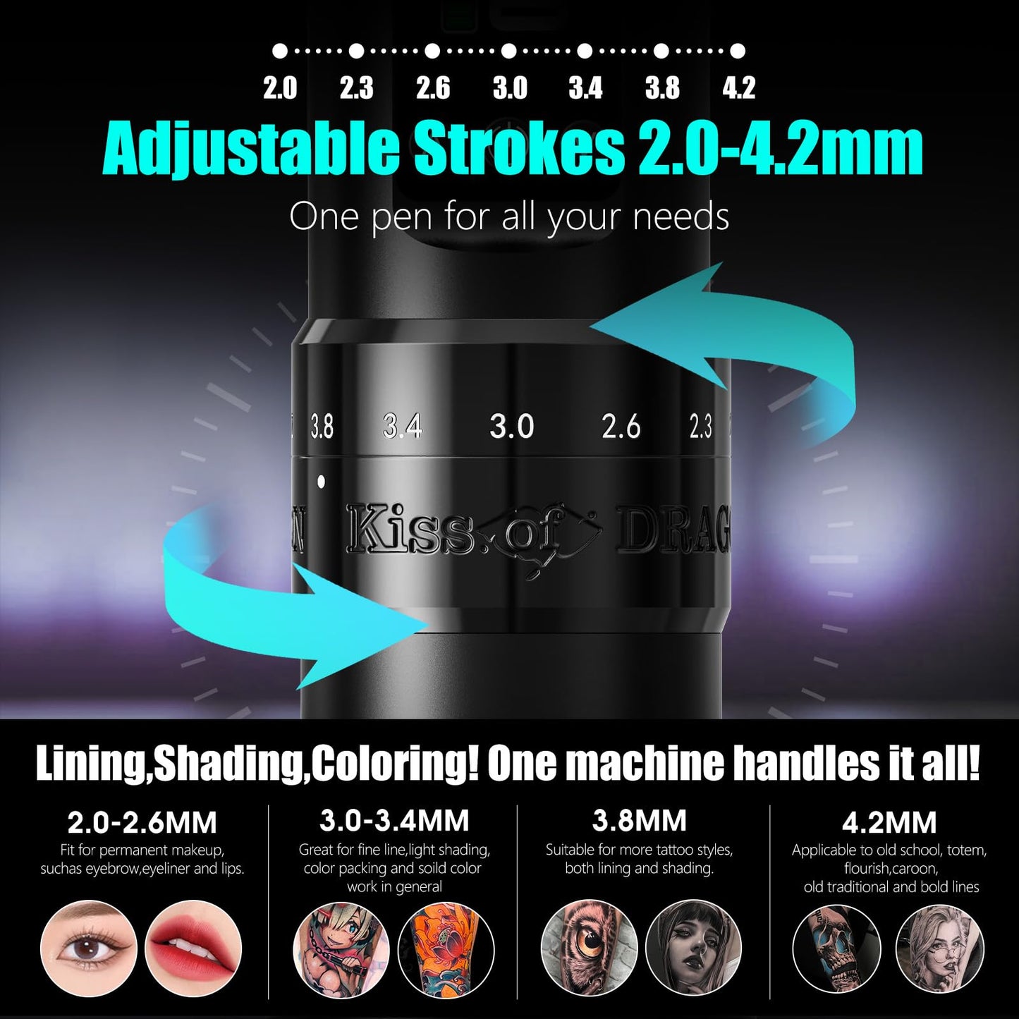 Tattoo Gun Kit Complete Wireless Tattoo Machine Kit, Kiss of Dragon V1 Rotary Adjustable Stroke Tattoo Pen with 1600 mAh Cordless Battery Tattoo Cartridge Needles Set for Beginners