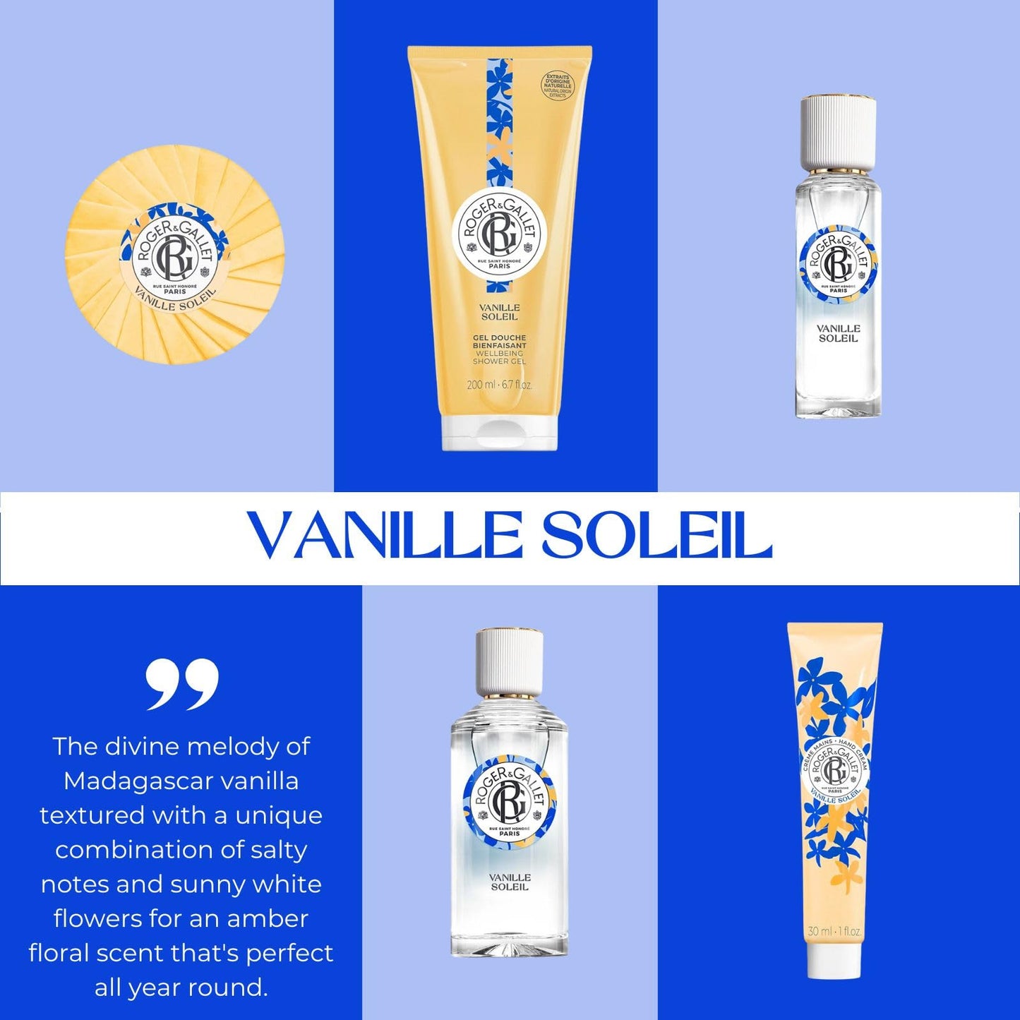ROGER & GALLET Wellbeing Shower Gel – Plant-Based Hydrating Body Wash with Aloe Vera, Gentle Foaming Cleanser for Soft Skin (VANILLE SOL - Vanilla | 6.7 Oz)