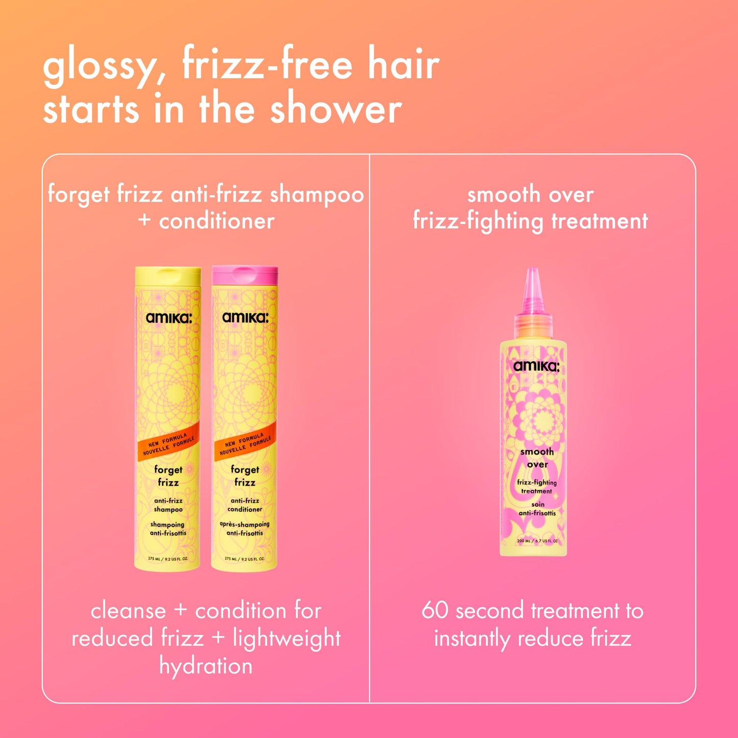 amika forget frizz anti-frizz conditioner, 275ml | smoothing, humidity protection, up to 72 hour frizz control + lightweight hydration, for medium to thick coarse hair types 2a-4c