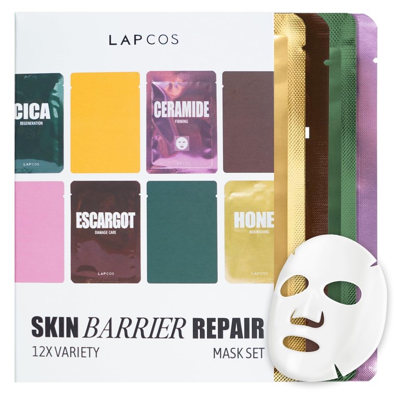 LAPCOS K Beauty Skin Barrier Repair Sheet Mask Variety Pack - Escargot, Cica, Ceramide, Honey - 4 Types of K Beauty Face Mask Set to Hydrate & Soothe - Breathable Sheet Korean Skin Care (Pack of 12)