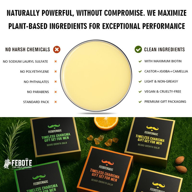 FEBOTE Biotin Beard Growth Balm for Men – Conditioning Balm with Castor, Shea & Jojoba Oils to Condition, Soften & Thicken Facial Hair – Non-Greasy, Sandalwood Scent – 2 oz Grooming Kit