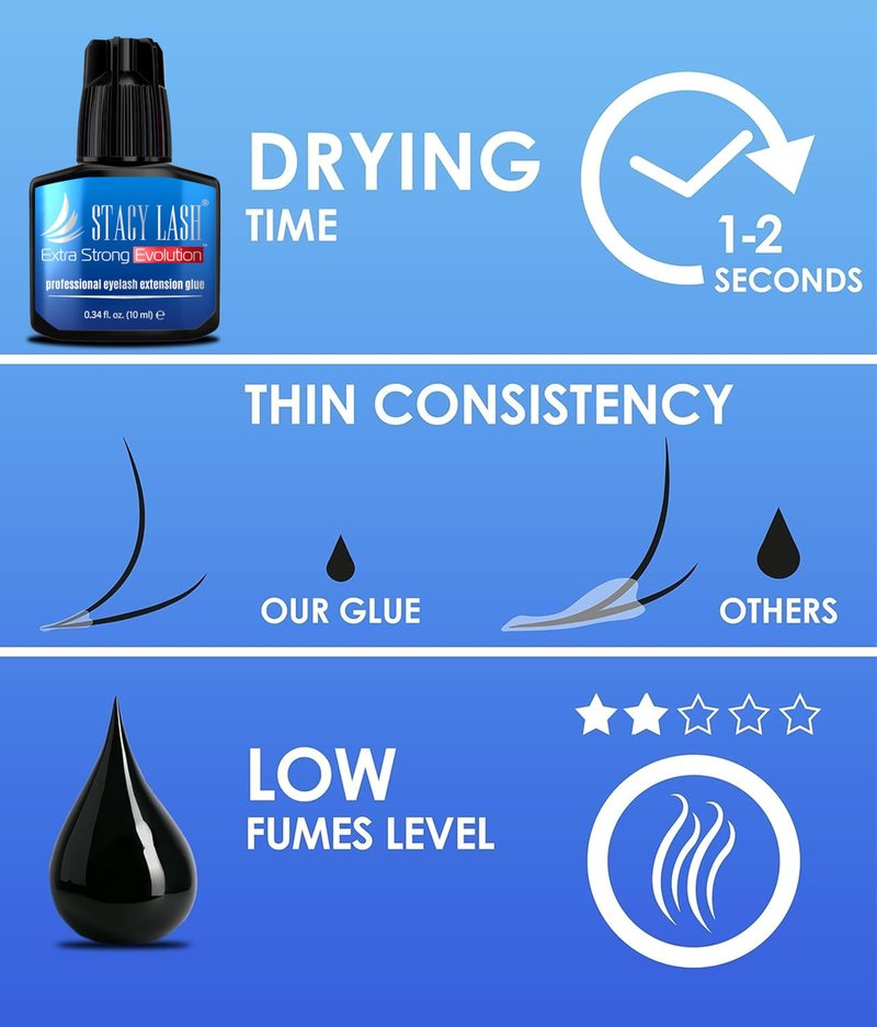 STACY LASH Extra Strong Evolution Eyelash Extension Glue (0.34 fl.oz/10 ml)/1-2 Sec Dry/Retention – 8 Weeks/Black Adhesive/Lash Tech Supplies