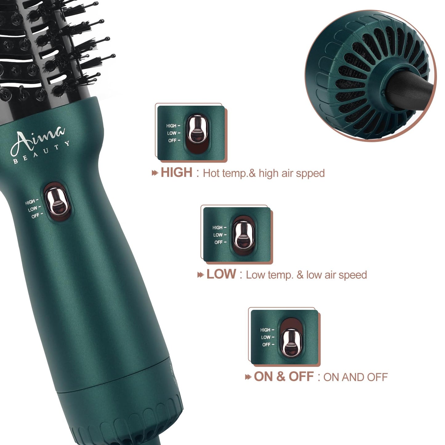 Aima Beauty Hair Dryer Brush Dual Voltage Travel Blow Dryer Brush Hot Air Brush with Oval Barrel 360°Airflow for Smooth,Negative Ionic Frizz-Free Drying/Straightening/Voluming, Dark Green