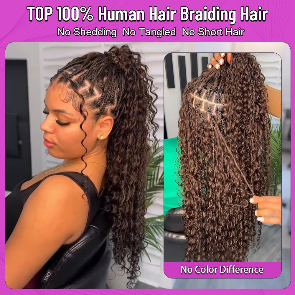 100 Percent Human Boho Braiding Hair Deep Wave Bulk Boho Hair for Braiding Curly Bundles (18inch,#4 Natural Brown)