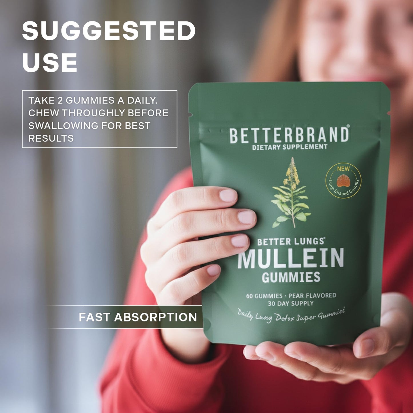 Betterbrand Mullein Chewable Gummies for Lung Cleanse and Detox, Respiratory Health Supplement, 2000mg Mullein Extract per Serving, 50:1 Extract - 30 Day Supply - Pear Flavored