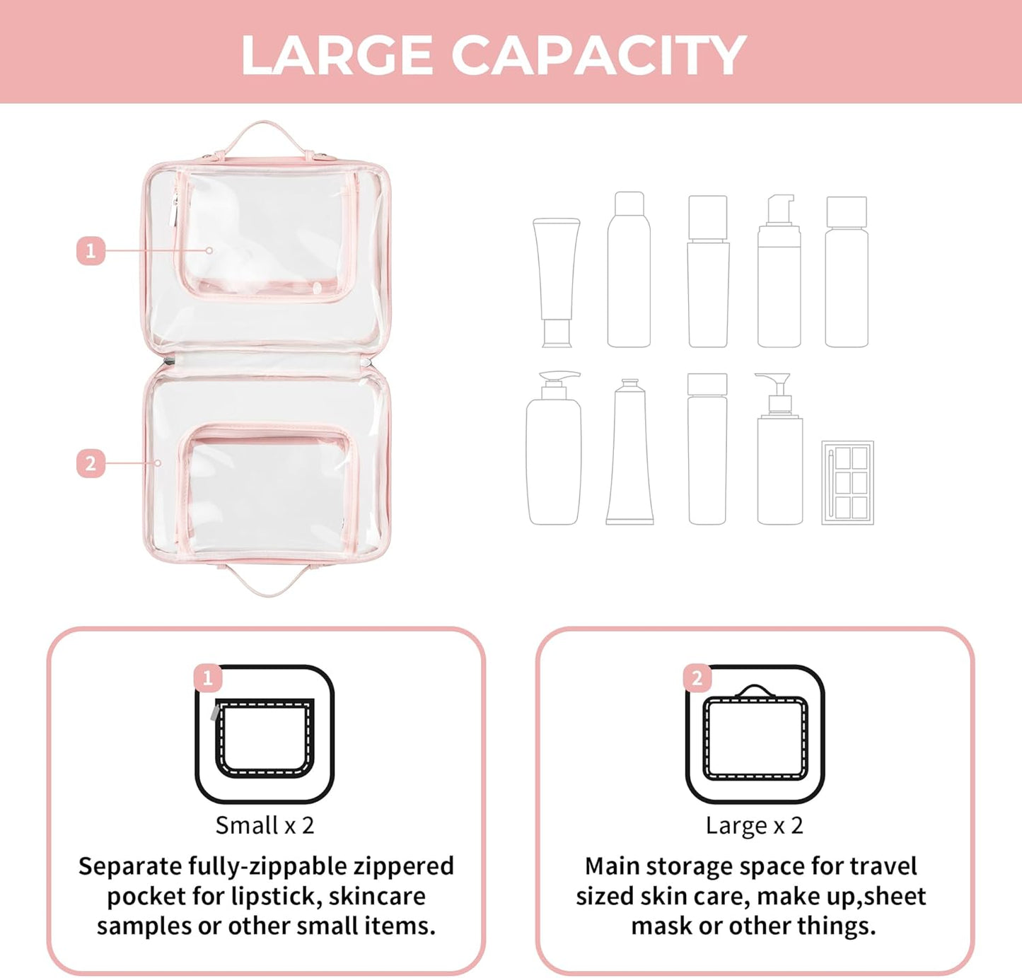 TSA Approved Clear Toiletry Bag - Waterproof Travel Makeup Organizer for Women | Large Pink Cosmetic Bag