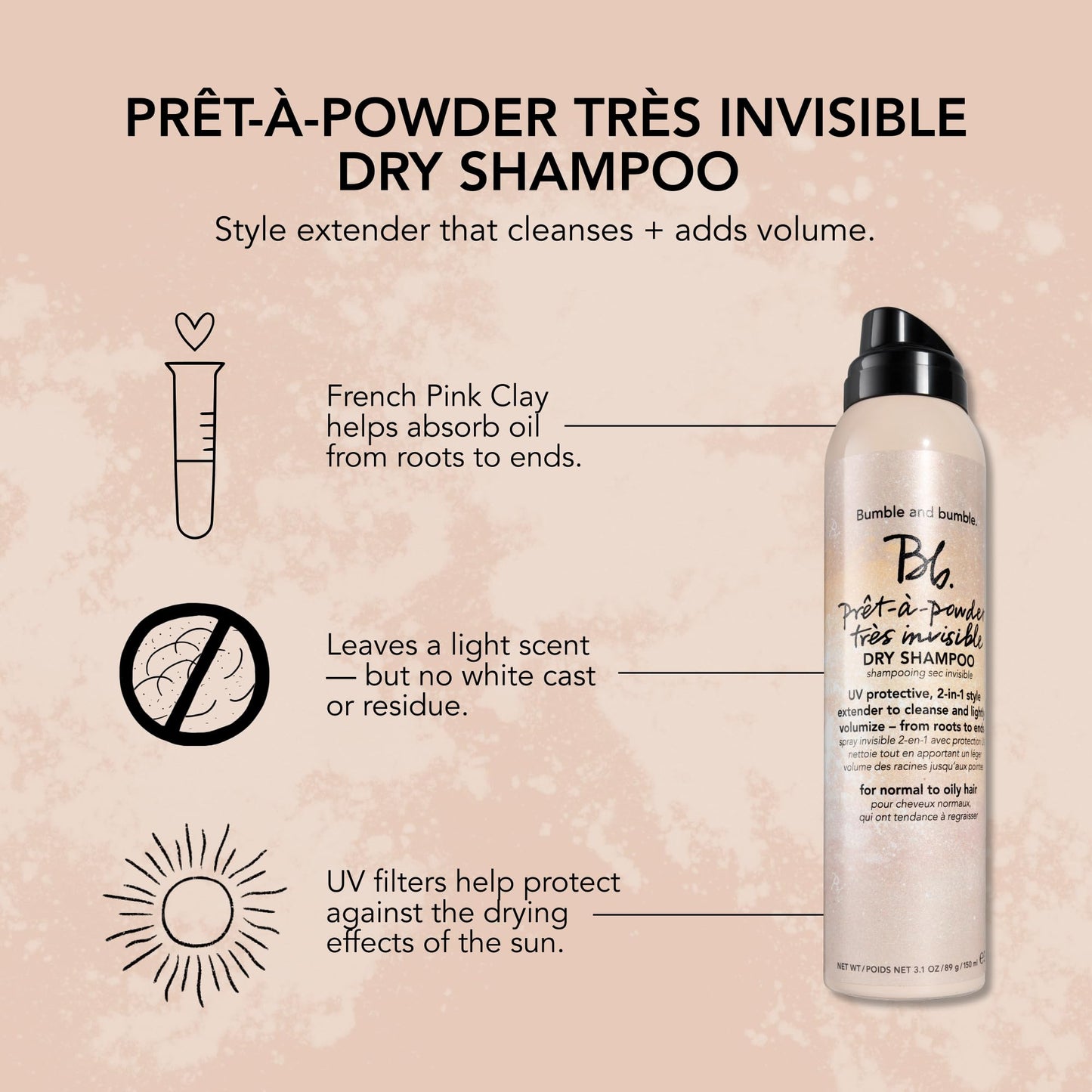 Bumble and bumble. Prêt-à-powder Très Invisible Volumizing Dry Shampoo | Lightly Volumizing, UV Protective + Absorbs Oil | Style Extender | For Fine to Medium Wavy, Straight Hair Types, 3.1 Ounce