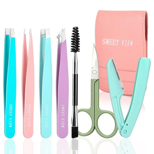 SWEET VIEW 7pcs Eyebrow Tweezers Kit for Women Precision Plucker with Brow Scissors & Razor & Spoolie for Facial, Chin, Brow, Splinter and Ingrown Hair