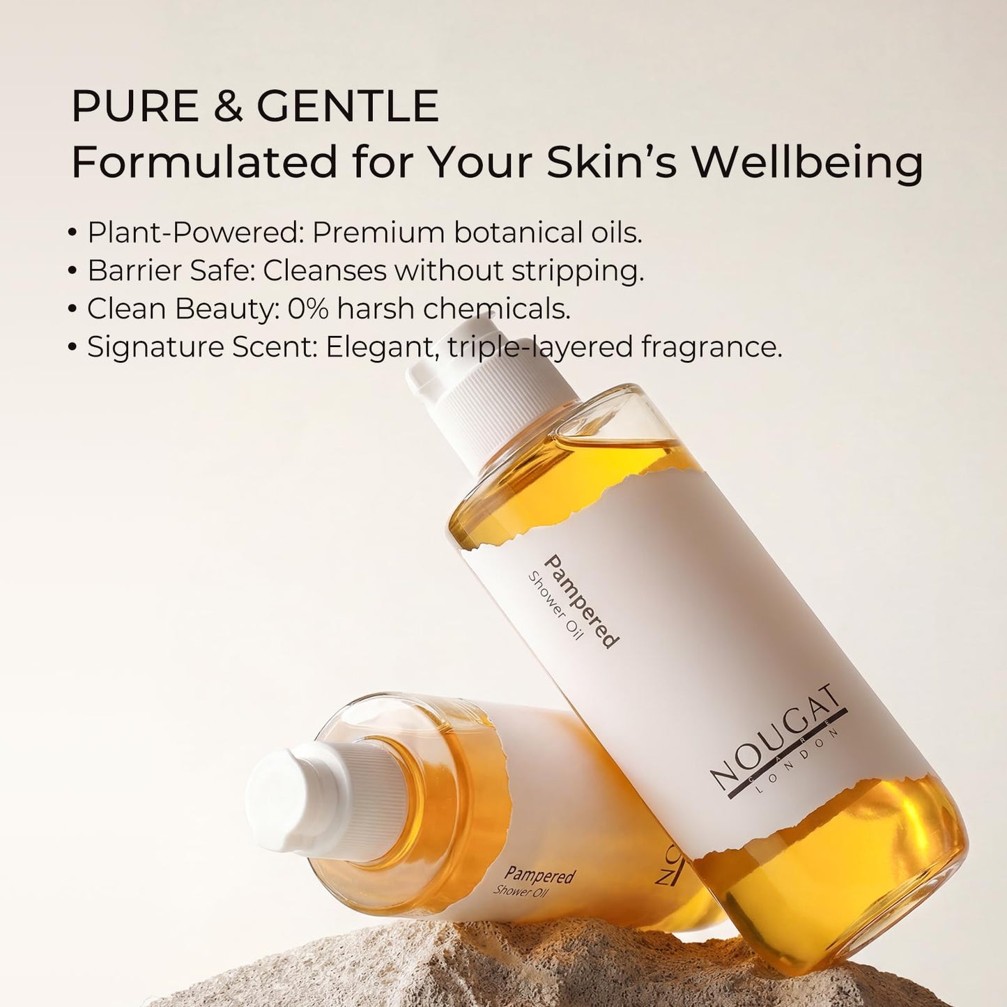 NOUGAT Pampered Shower Oil for Daily Bath Routine, Transforming Oil-to-Milk Body Cleanser for Makeup & Sunscreen Removal, Hydrating Botanical Wash for Dry Skin Relaxation at Home, Exotic Scent, 372g