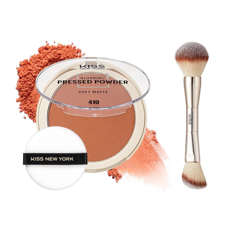 Kiss New York Soft Matte Pressed Powder | Blurring Poreless Makeup with Dual-Ended Brush Set - Deep Honey, Medium Coverage