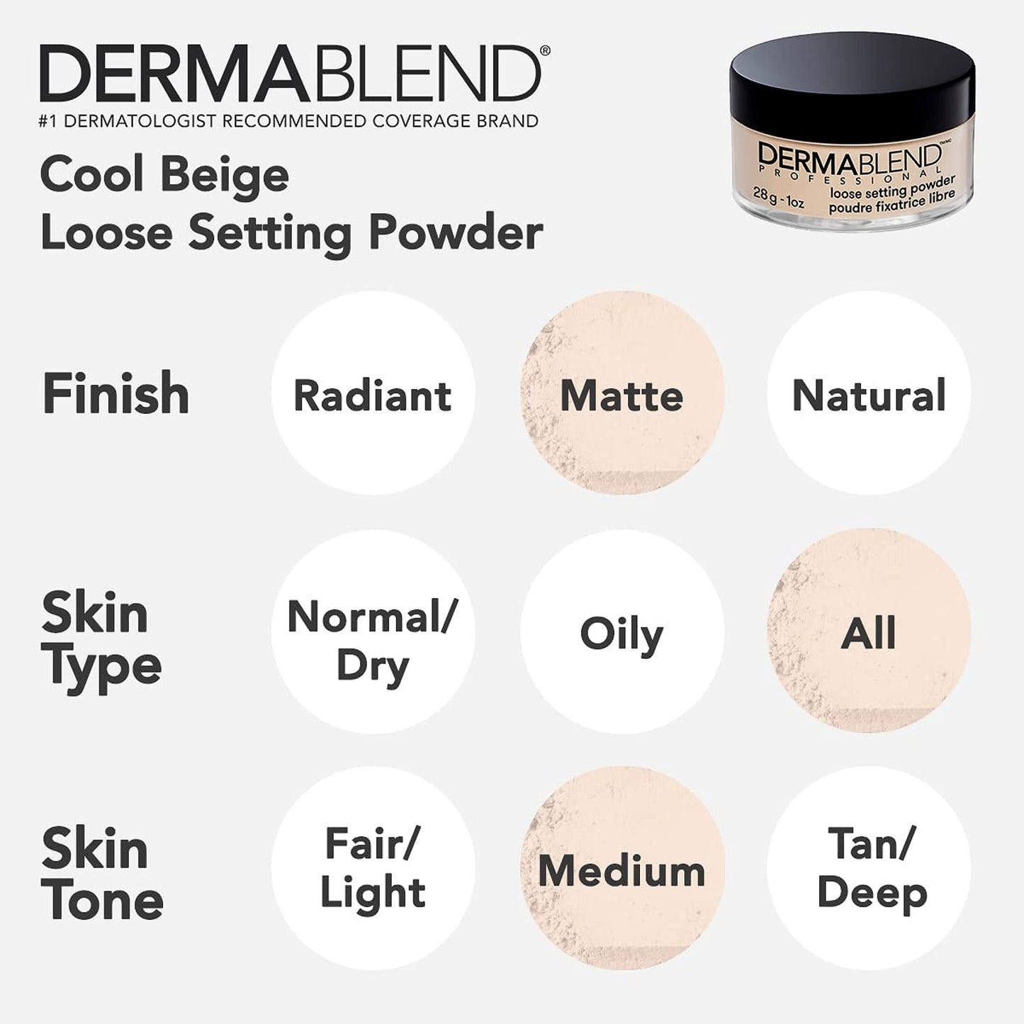 Dermablend Loose Setting Powder, Cool Beige Face Powder & Finishing Powder Makeup for Light, Medium and Tan Skin Tones, Mattifying Finish and Shine Control, 1oz