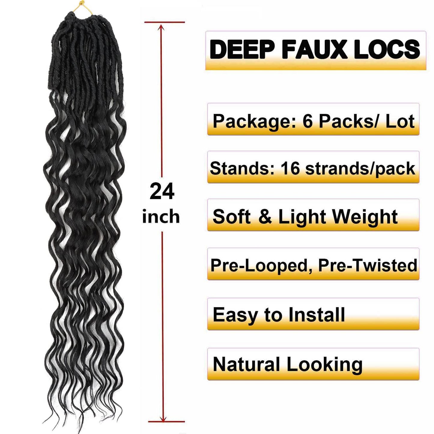 LYCSOU 24 Inch Faux Locs Crochet Hair 6 Packs Soft Goddess Locs Crochet Braids Deep Wave Pre Looped Crochet Hair Extensions for Black Women 1B