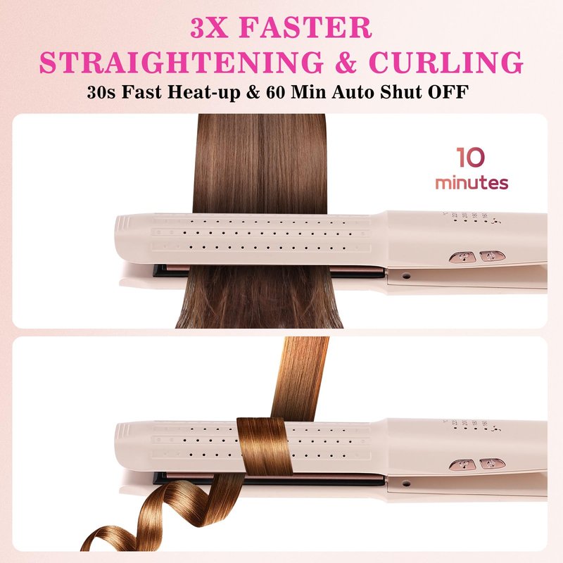 Hair Straightener and Curler, 2-in-1 Flat Iron & Airflow Curling Iron, Cool Air Hair Styling Tool, Ceramic Hair Straightener for Women, Dual Voltage, Blush Pink