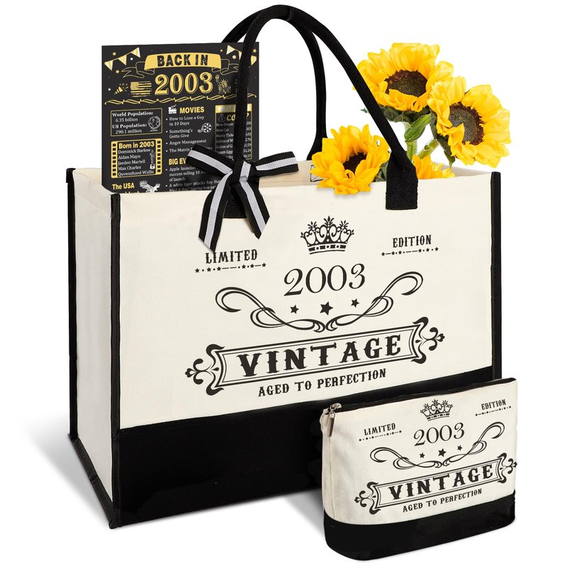 23rd Birthday Gifts for Women Canvas Tote Bag Travel Gear, Unique 23 Years Old Birthday Gifts for Girlfriend Daughter Sister Friends Her, Vintage 2003 Handbag & Cosmetic Bag & Back in 2003 Poster