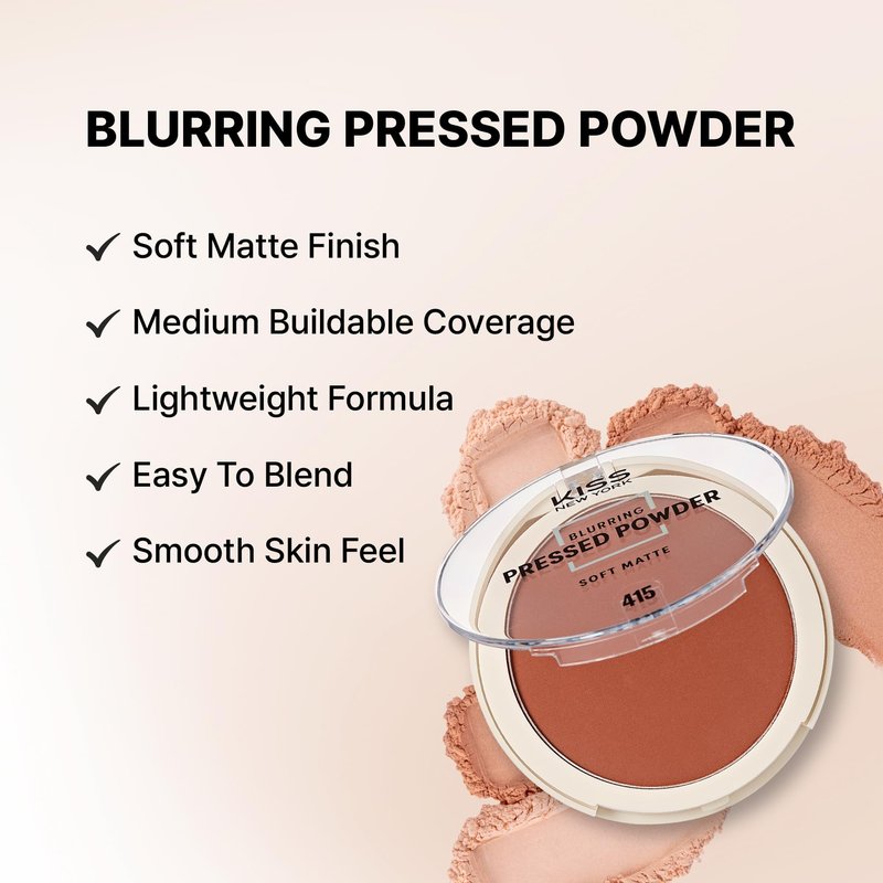 KISS NEW YORK Soft Matte Pressed Powder (Mocha) with Dual Ended Powder Brush Set, Blurring Poreless Face Powder Makeup, Medium Coverage Setting Powder Infused with Salicylic Acid & Niacinamide