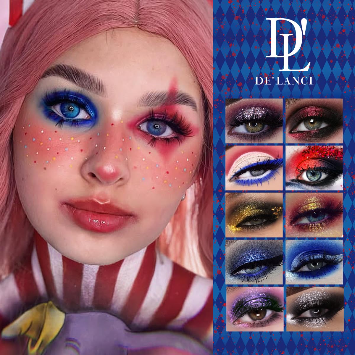 DE'LANCI Red Blue Multichrome Eyeshadow Palette, High Pigment Metallic Silver Shimmer Eyeshadow for Goth, Clown/Joker Smoky Makeup, Longwear Vegan Chameleon Iridescent Black Halloween Cosplay Party