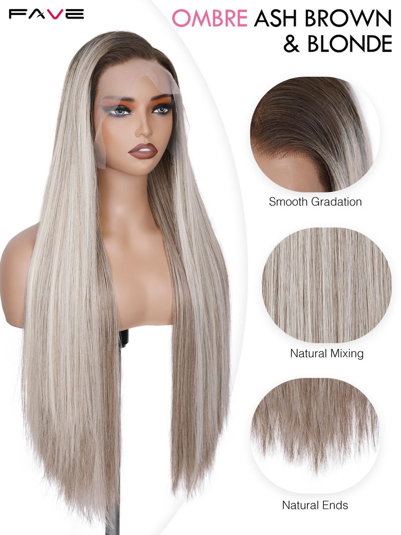 FAVE 13x4 HD Lace Front Wig 28" Ombre Wig Ash Blonde with Brown Wig Long Straight Synthetic Hair Pre-Plucked Hairline Heat-Resistant Glueless Lace Front Wigs for Women