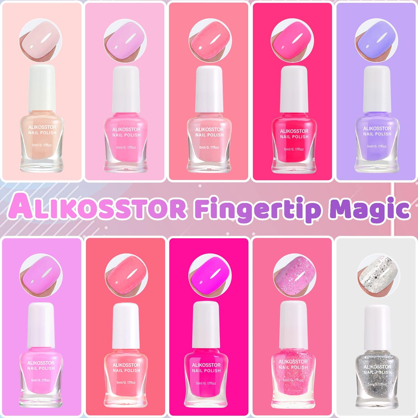 ALIKOSSTOR Kids Nail Polish Set, 10 Colors Non Toxic Water Based Peel Off Nail Polish, Quick Dry Toddler Nail Polish Kit, Safe Kids Manicure Set Birthday Gift for Girls