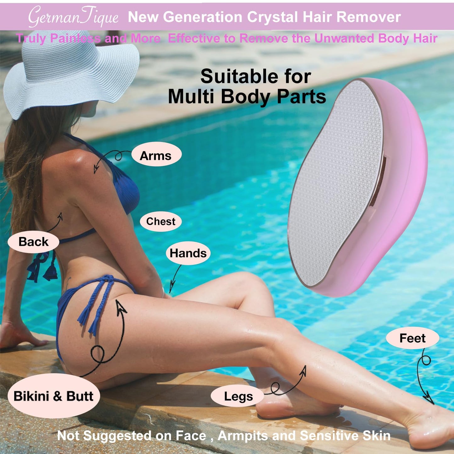Germantique Crystal Hair Eraser,Natural Crystal Hair Remover,Reusable Painless Nano Glass Hair Removal Device Without Shaver,Gentle Crystal Epilator and Exfoliator for Soft Silky Skin(Light Pink)