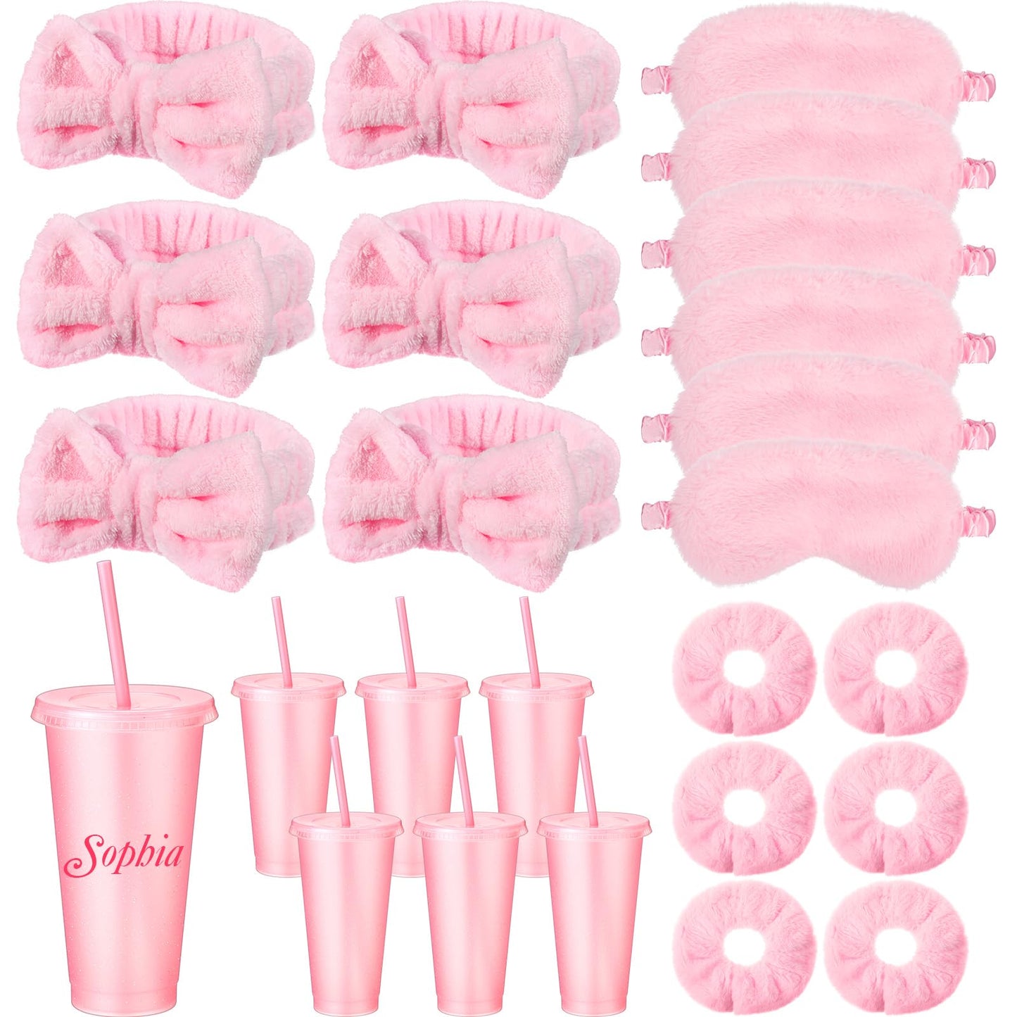 Hoteam 24 Pcs Spa Party Supplies for Women Sleepover Slumber Party Favors Include 6 Pink Spa Headband 6 Velvet Scrunchies 6 Eye Mask 6 Pink Plastic Cups Tumbler Valentine Galentine Gift for Beauty
