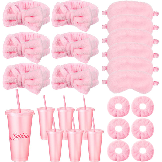 Hoteam 24 Pcs Spa Party Supplies for Women Sleepover Slumber Party Favors Include 6 Pink Spa Headband 6 Velvet Scrunchies 6 Eye Mask 6 Pink Plastic Cups Tumbler Valentine Galentine Gift for Beauty