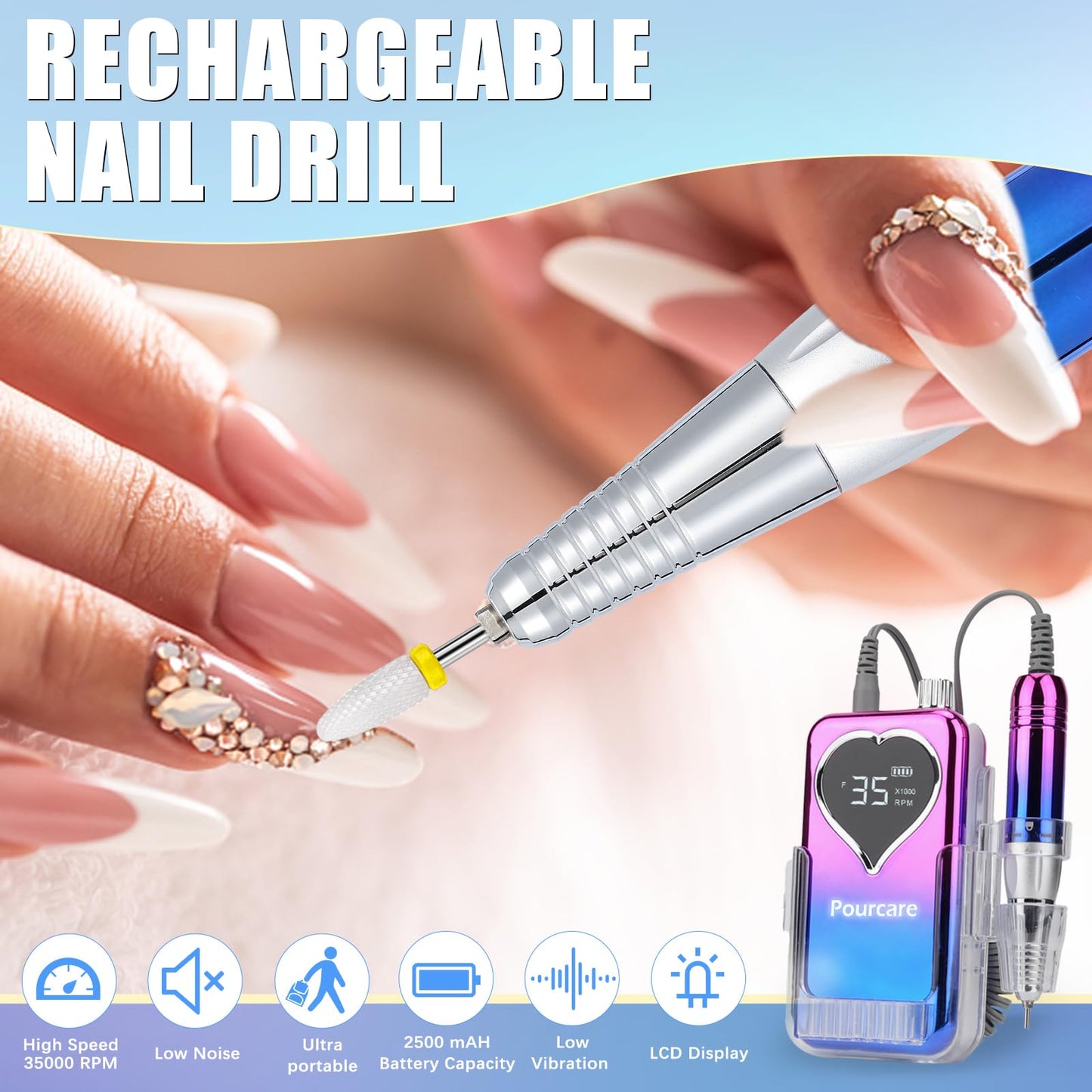 Professional Electric Nail Drill Machine for Acrylic Nails, 35000 RPM Electric Nail File Tool Set, Portable E-File Rechargeable Manicure Pedicure Polish Kit for Home Salon Tech (Heart Sunset Blue)