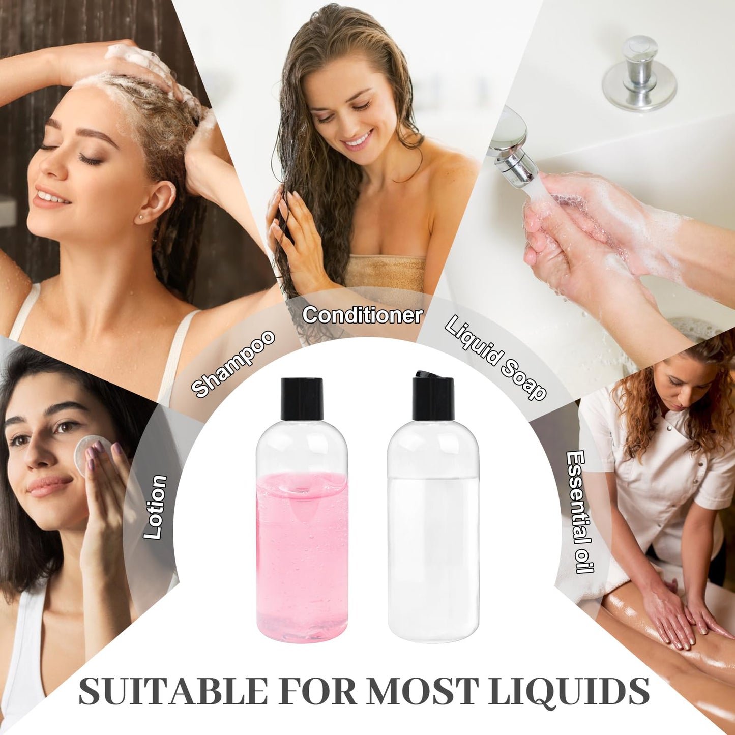 Neendohome 16 oz BPA Free Plastic Suqeeze Bottles with Black Disc Caps Refillable Travel Containers for Toiletries Shampoo Conditioner Lotions Liquid Soap Shower Gel (24Pack, Clear)