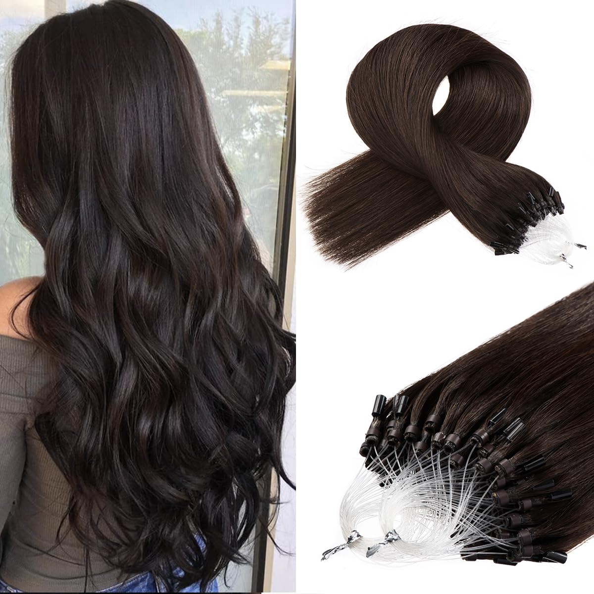 Kpvxxve Dark Brown Microlink Hair Extensions Real Human Hair Microlink Extensions #2 Micro Loop Human Hair Extensions 1g/strand 50g Micro Ring Hair 14"
