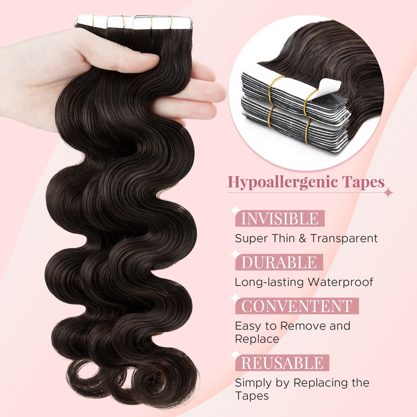 SEGOHAIR Wavy Tape In Hair Extensions Real Human Hair with Double-Sided Adhesive Professional Hair Extensions for Women 20pcs Body Wave 14 Inches Dark Brown