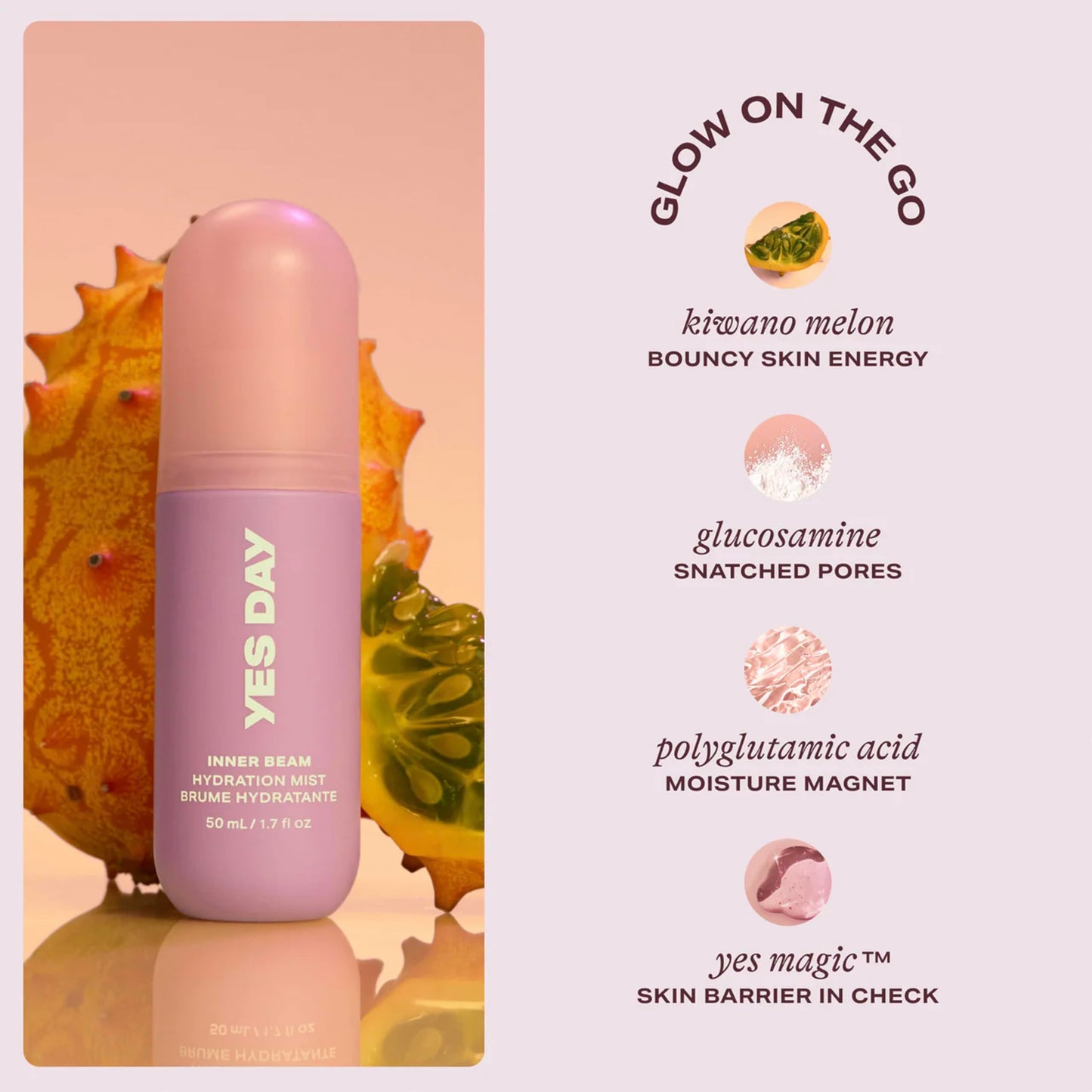 Yes Day Inner Beam Hydrating Face Mist for Teens – Travel Size Facial Spray for Teens & Ages 10 Up, with Kiwano Melon, Glucosamine & Polyglutamic Acid (50ml)