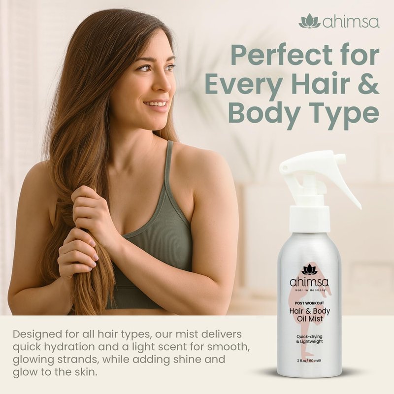 Ahimsa Hair & Body Oil Mist Spray - Lightweight Hydrating Glow Mist with Coconut, Argan & Jasmine | Fast-Drying Non-Greasy Shine (2oz)