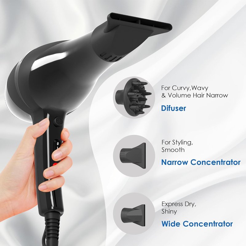 Professional Ionic Hair Dryer - 2400W Fast Drying Blow Dryer with Diffuser for Curly Hair | Low Noise, Home Salon Use