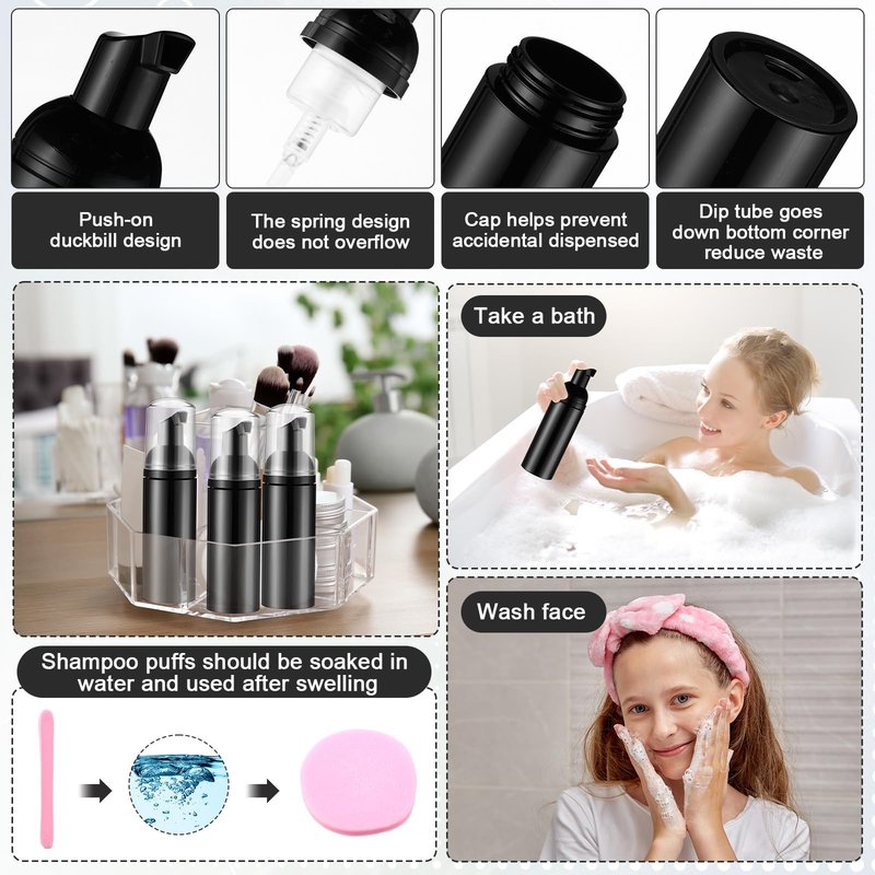Yaomiao 130 Pcs Lash Shampoo Bottle Brushes Set 20 Foam Pump Dispenser 20 Cleaning Brush 20 Eyelash Extension Spoolies Tube 20 Instructions Cards 20 Aftercare Bags 20 Facial Sponge(Black)