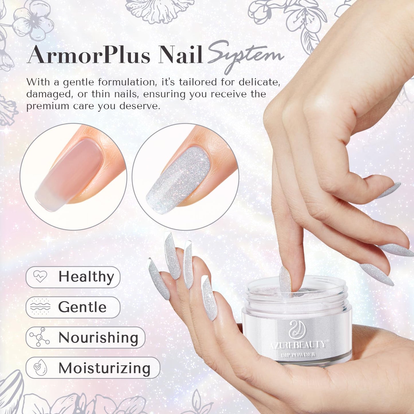 AZUREBEAUTY Grey Glitter Nail Dip Powder Colors 28g/1oz Dipping Powder 2X Shining French Art Starter Manicure Beginner DIY Salon Home Gift Long Lasting Dip Nail Powder