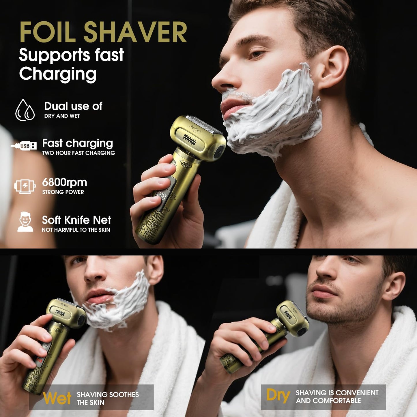 DSP Mini Electric Foil Shaver for Men, Portable Travel Razor with LED Display, Close Shaver Stubble Trimmer, IPX6 Waterproof Cordless Rechargeable Shaver for Face, Travel Lock, Bronze