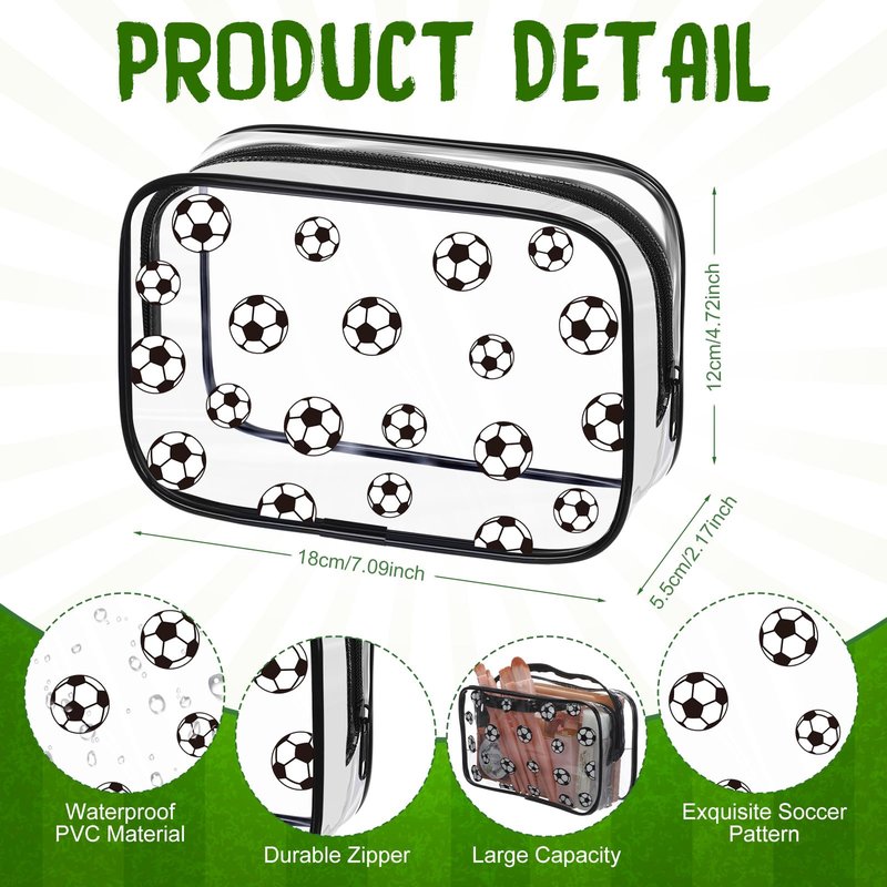 Kacctyen 12 Pcs Soccer Clear Makeup Bag with Zipper Bulk Sport Goodie Clear PVC Pouch Organizer Waterproof Travel Case for Woman Team Gifts Birthday Decorations Supplies