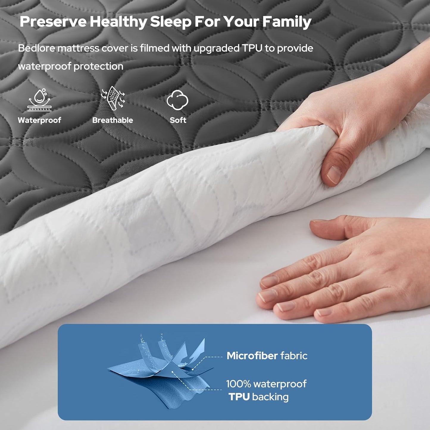 Waterproof Mattress Protector - Queen Size Noiseless Pad | Deep Pocket 6"-18" Depth, Soft & Breathable Gray Cover