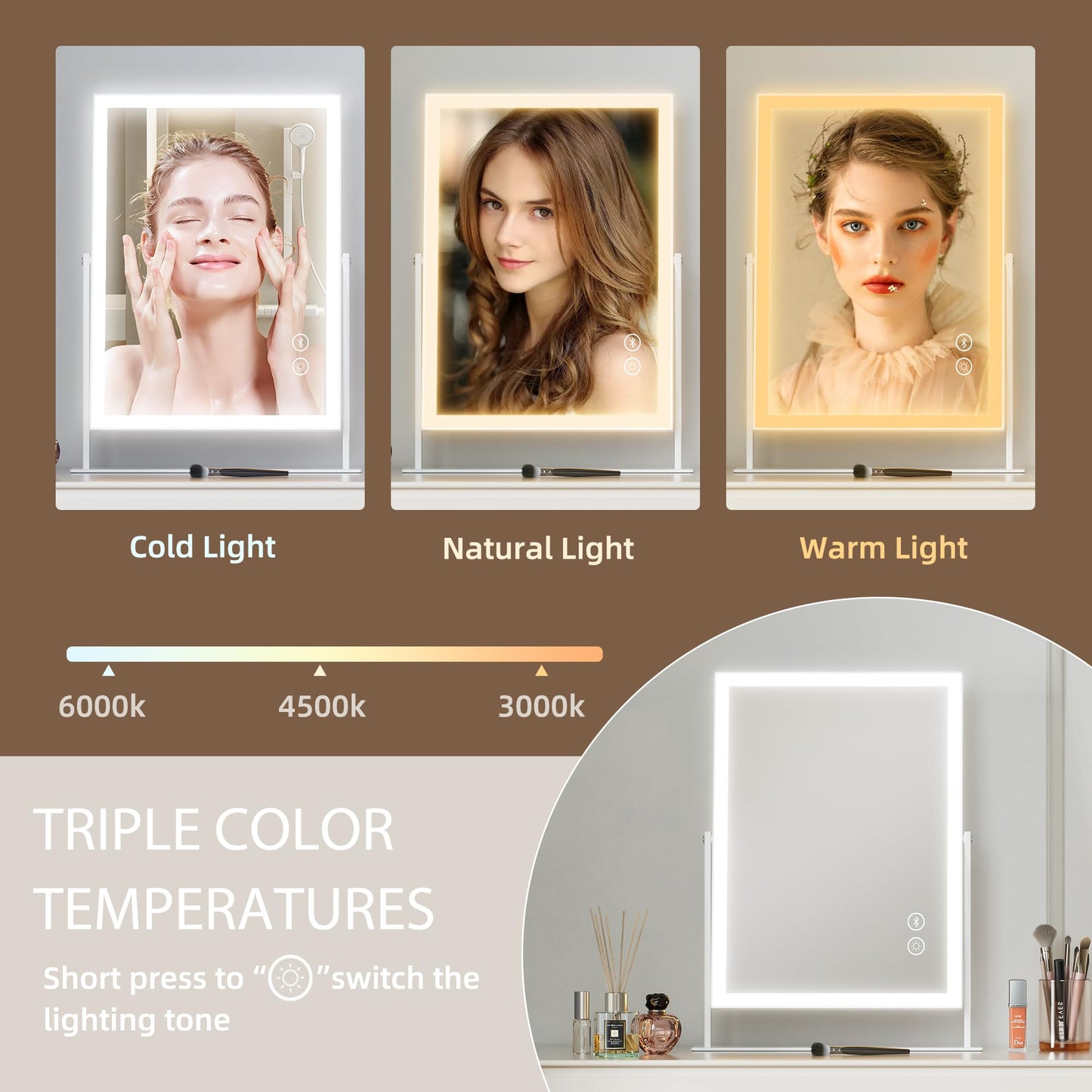 Hansong Vanity Mirror with Lights 11.8"x9.8" Lighted Makeup Mirror with Bluetooth Speaker Smart Touch Control LED Mirror with 3 Color Light Modes Detachable 10X Magnification and 360°Rotation